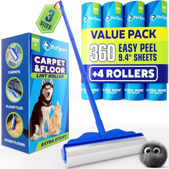 Large Lint Roller with 3 Refills – 360 Total Sheets for Tackling Pet Hair Extra